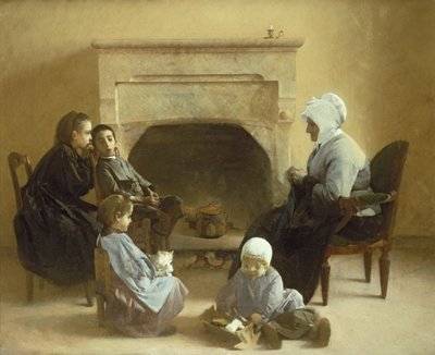 Family seated around a hearth by Henri Jules Jean Geoffroy